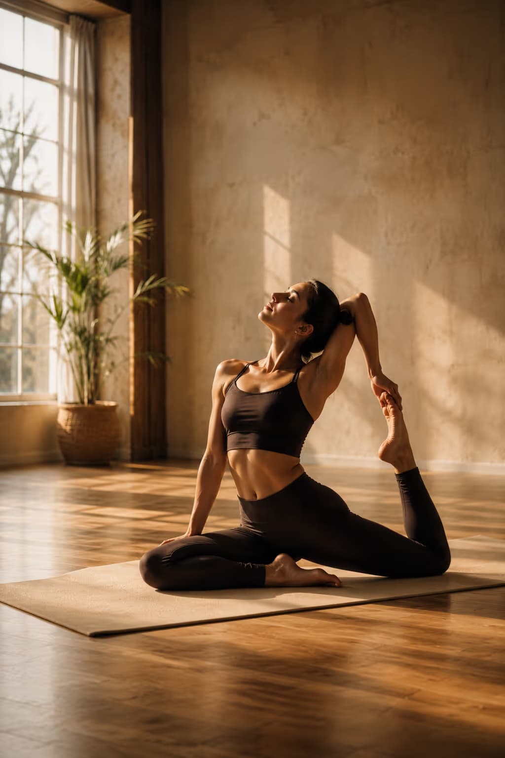 Femme en posture de yoga sur un tapis, dans une lumière dorée — univers bien-être de L'Annexe