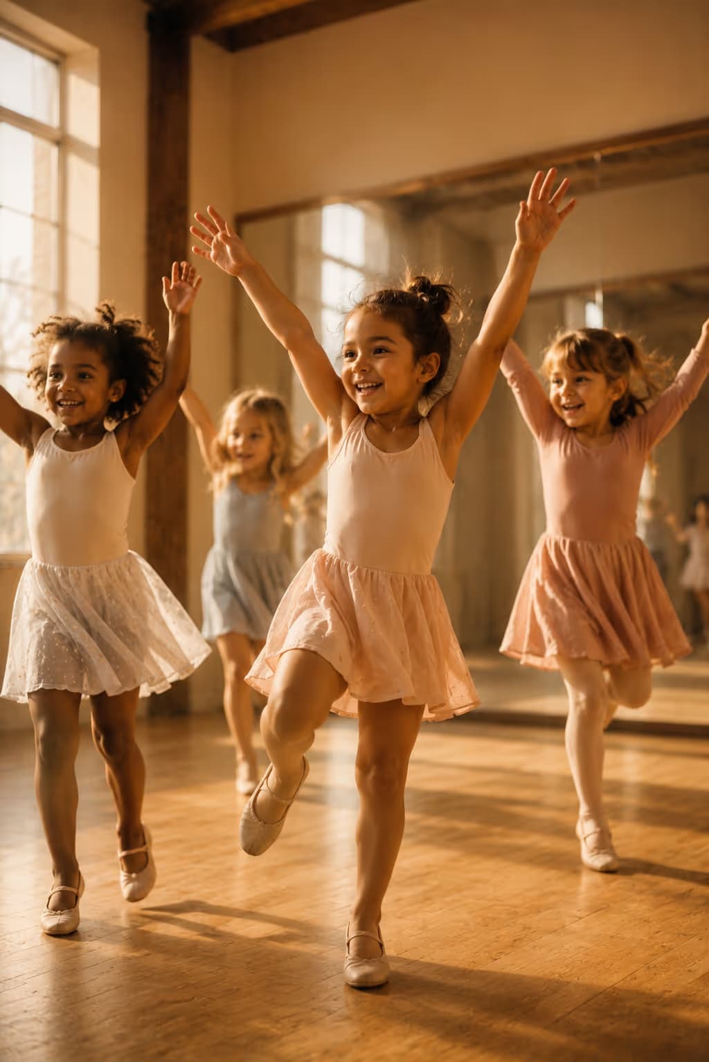 Petites danseuses en tutu sautant de joie dans une salle ensoleillée — univers enfants de L'Annexe